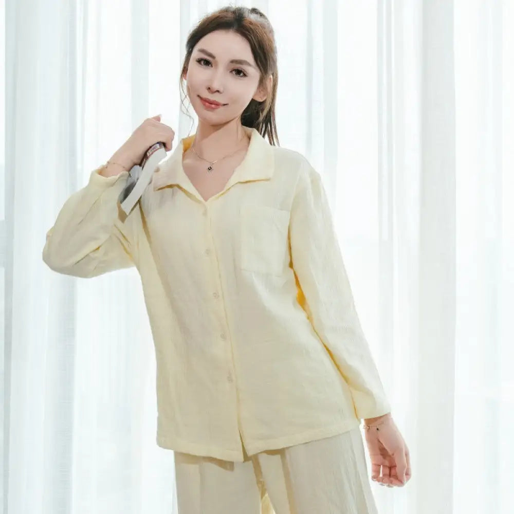 ダブルレイヤー コットン パジャマ 春秋 カップル 家庭服 長袖 長パンツ セット 春用 外出可 ペア 部屋着 ID2239 女性 イエロー / レディースＭ カップル＞セットアップ