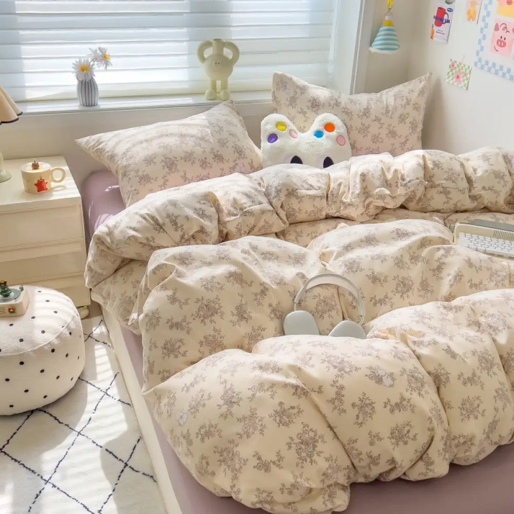 ID930 蝶結柄/チェック柄/花柄 フランネル 水洗いコットン 四点セット 三点セット 掛け布団カバー ベッドシーツ ピローケース 枕カバー おしゃれ ガーリー かわいい 韓国風 シングル セミダブル ダブル クイーン タイプ①