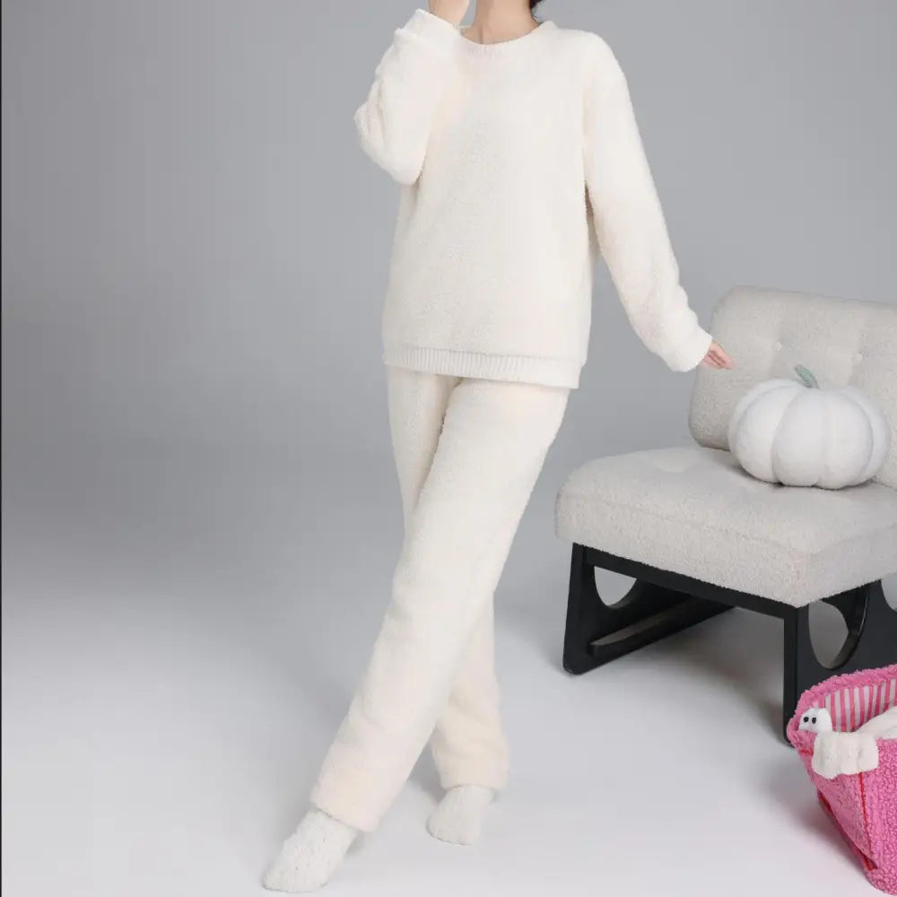 フリース パジャマ 男女兼用 秋冬用 フランネル 厚手 サンゴフリース カップル ルームウェア ラウンドネック プルオーバー ID2346 女性 ベージュ / レディースＭ カップル＞セットアップ