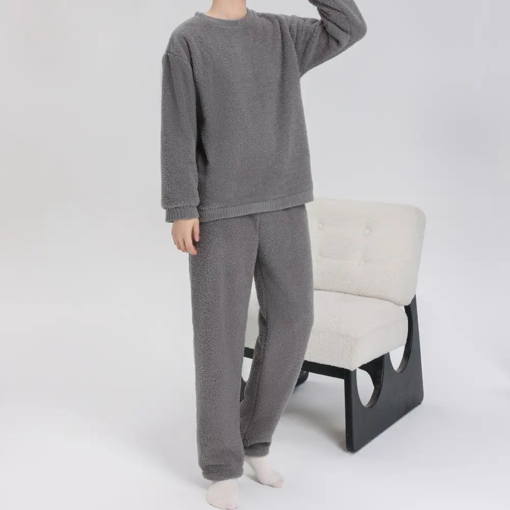 フリース パジャマ 男女兼用 秋冬用 フランネル 厚手 サンゴフリース カップル ルームウェア ラウンドネック プルオーバー ID2346 男性 ダークグレー / レディースＭ カップル＞セットアップ