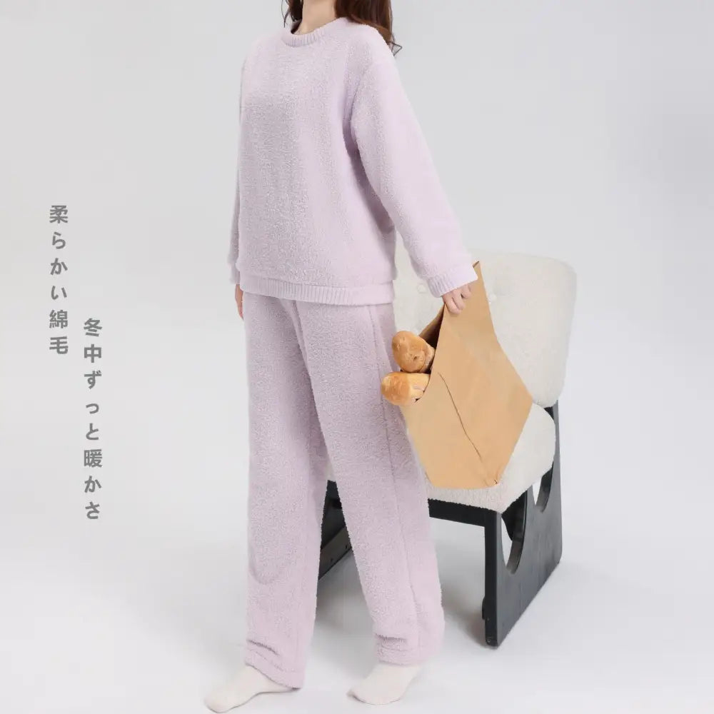 フリース パジャマ 男女兼用 秋冬用 フランネル 厚手 サンゴフリース カップル ルームウェア ラウンドネック プルオーバー ID2346 女性 パープル / レディースＭ カップル＞セットアップ