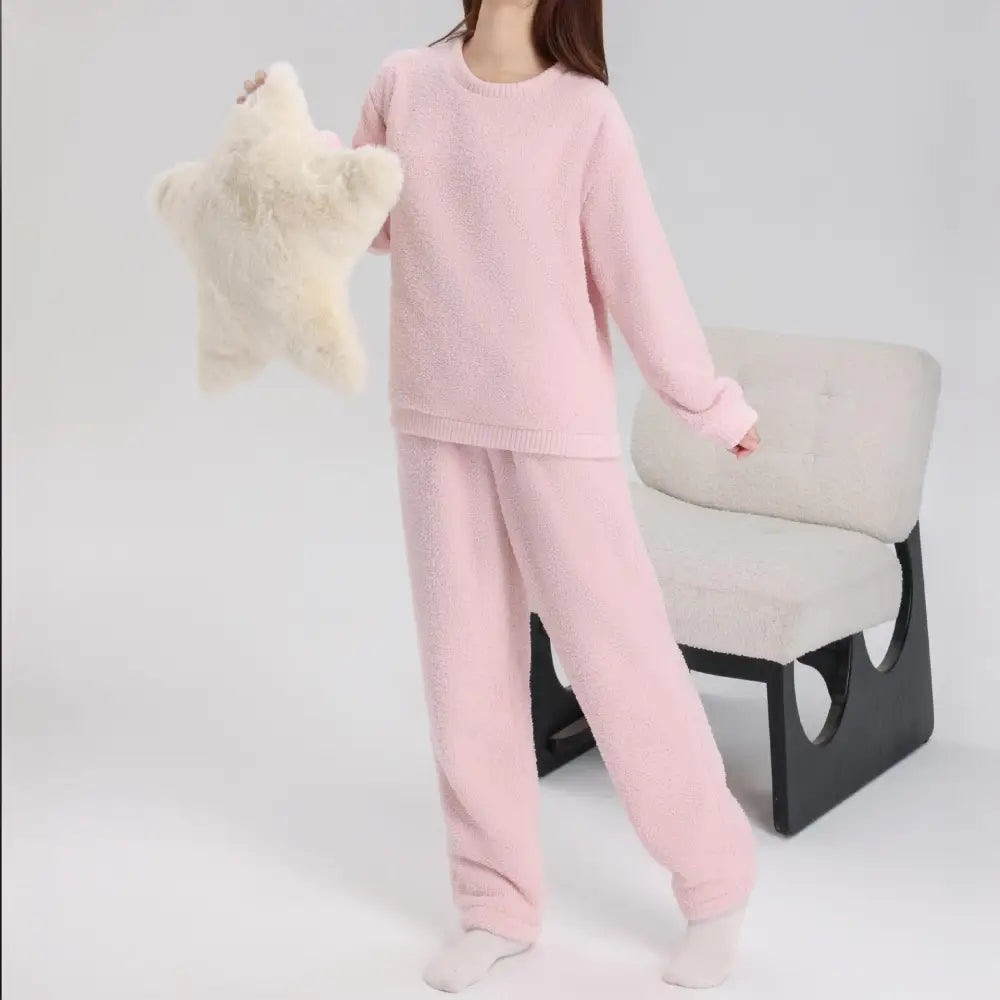 フリース パジャマ 男女兼用 秋冬用 フランネル 厚手 サンゴフリース カップル ルームウェア ラウンドネック プルオーバー ID2346 女性 ピンク / レディースＭ カップル＞セットアップ