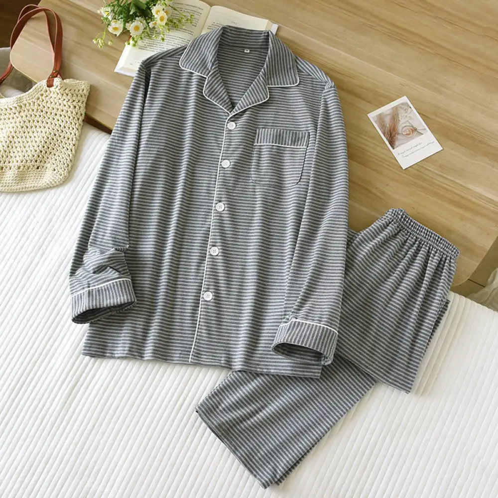 メンズ ストライプ パジャマセット カーディガン 長袖 厚手 保温 上品 ゆったり 部屋着 2025 夏秋新作 エアコン対応 ID1898 ライトグレー / M メンズ>セットアップ