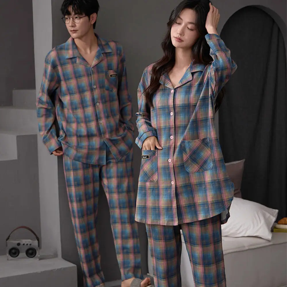 春秋季用 パジャマ レディース カップル 長袖 高級感 チェック柄 100% コットン ホームウェア メンズ カーディガン セット 韓国風 レディース用 ID2189 写真通り / レディースＭ カップル>セットアップ