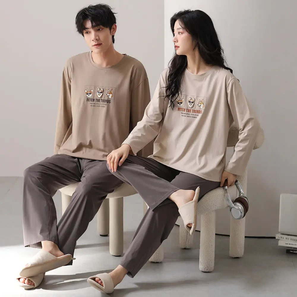 カップル パジャマ 春秋 シーズン ライカ コットン 長袖 男性 女性 新作 休闲 ピュアコットン ルームウェア セット ID2123 タイプ① / レディースＭ カップル>セットアップ