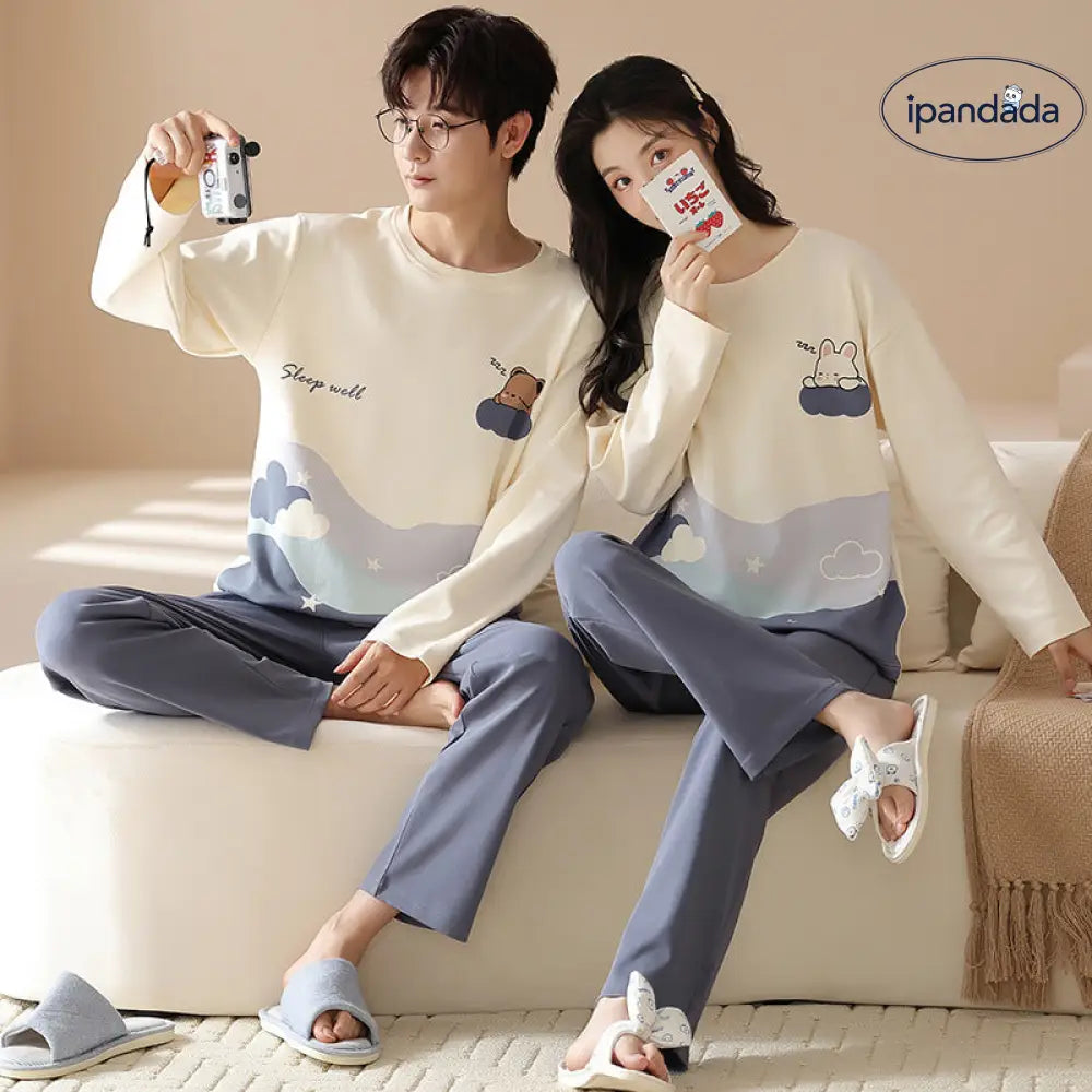 カップル パジャマ 春秋用 綿100% 長袖 プルオーバー 外出可能 男女兼用 家庭用 可愛い カートゥーン 秋冬用 部屋着 ID2195