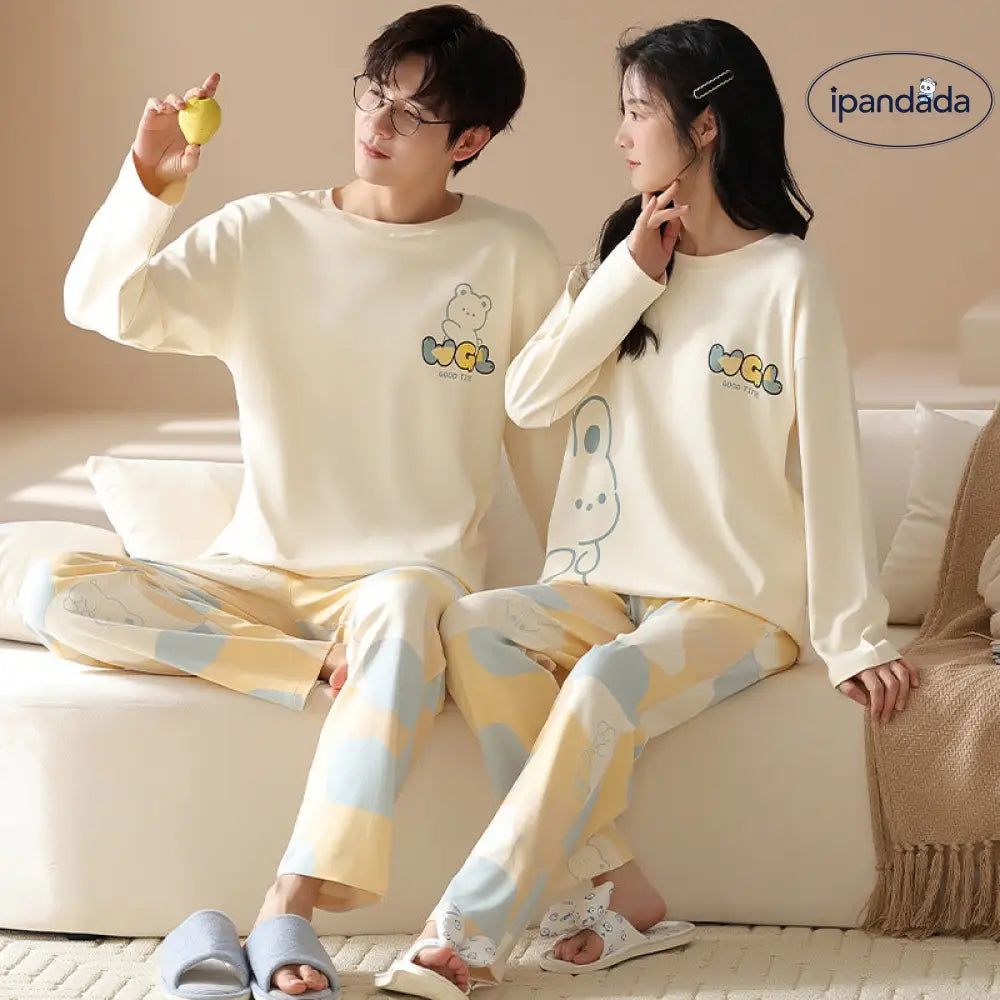カップル パジャマ 春秋用 綿100% 長袖 プルオーバー 外出可能 男女兼用 家庭用 可愛い カートゥーン 秋冬用 部屋着 ID2195
