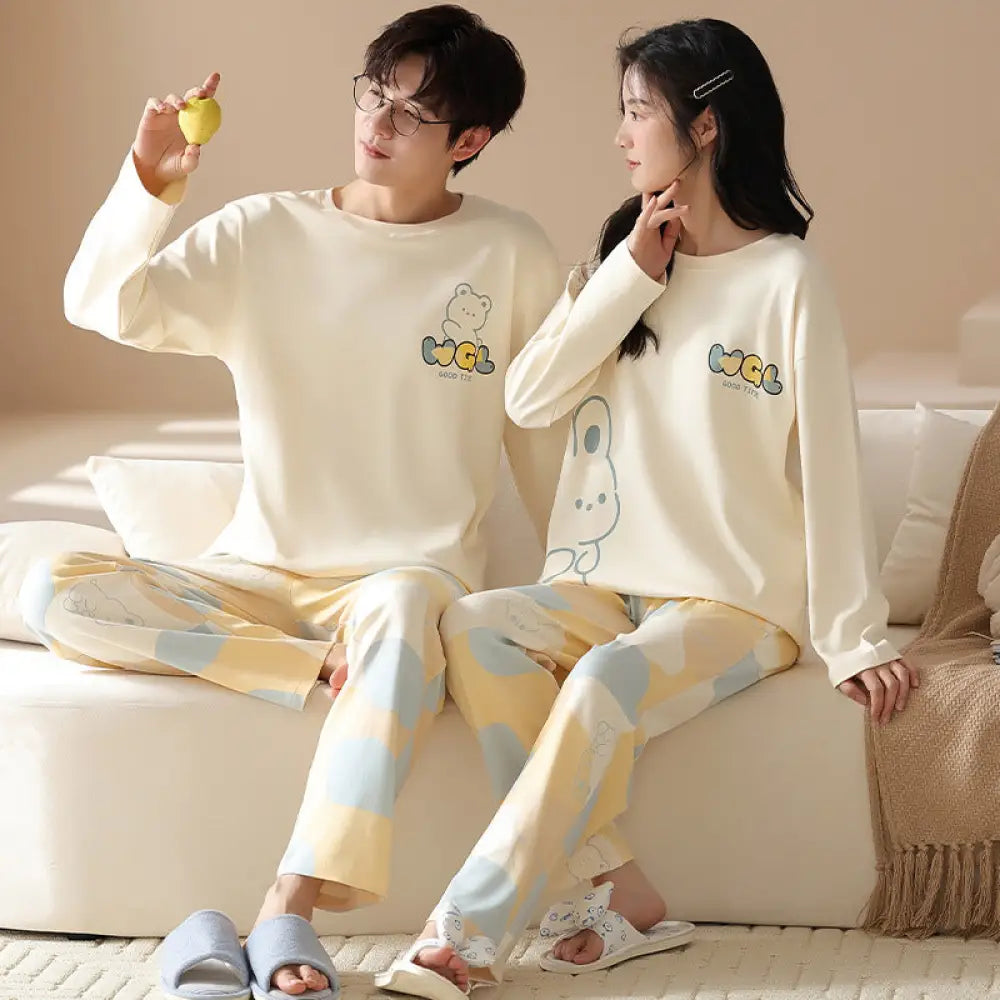 カップル パジャマ 春秋用 綿100% 長袖 プルオーバー 外出可能 男女兼用 家庭用 可愛い カートゥーン 秋冬用 部屋着 ID2195 タイプ⑨ / レディースＭ カップル>セットアップ