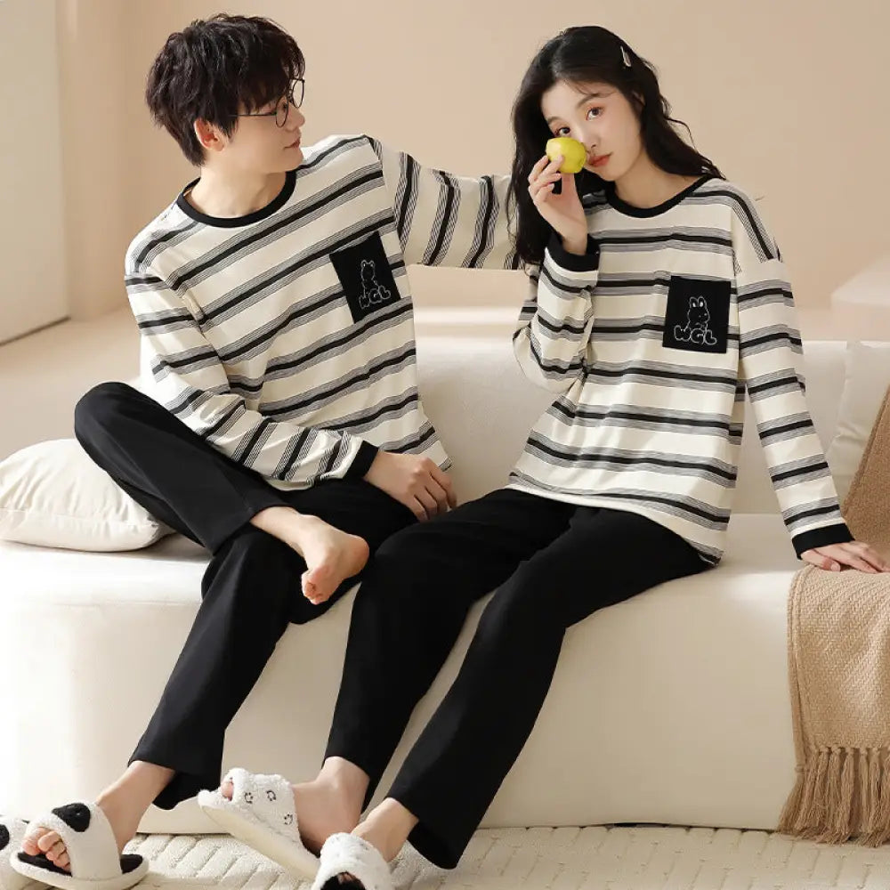 カップル パジャマ 春秋用 綿100% 長袖 プルオーバー 外出可能 男女兼用 家庭用 可愛い カートゥーン 秋冬用 部屋着 ID2195 タイプ⑩ / レディースＭ カップル>セットアップ