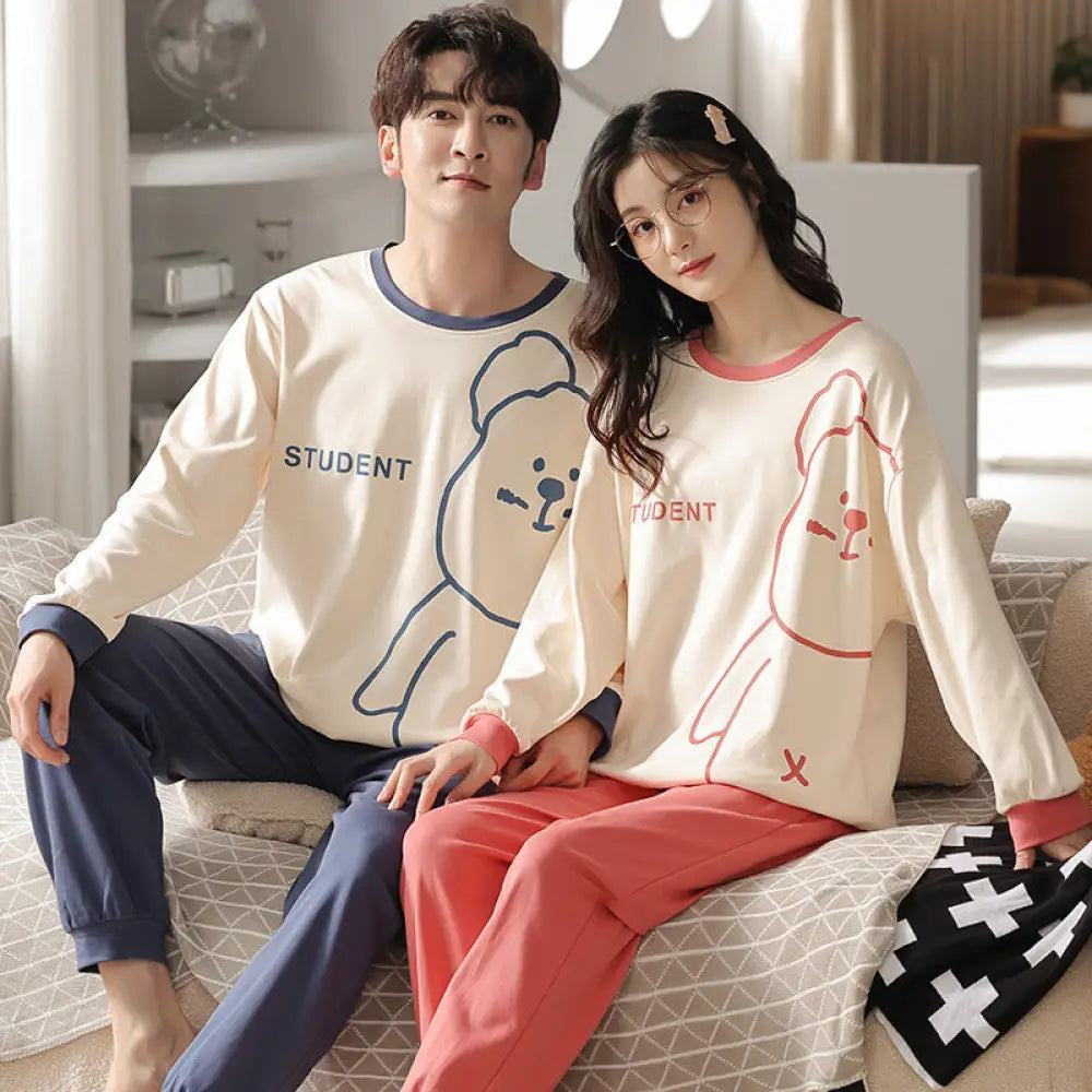カップル パジャマ 春秋用 綿100% 長袖 プルオーバー 外出可能 男女兼用 家庭用 可愛い カートゥーン 秋冬用 部屋着 ID2195 タイプ② / レディースＭ カップル>セットアップ