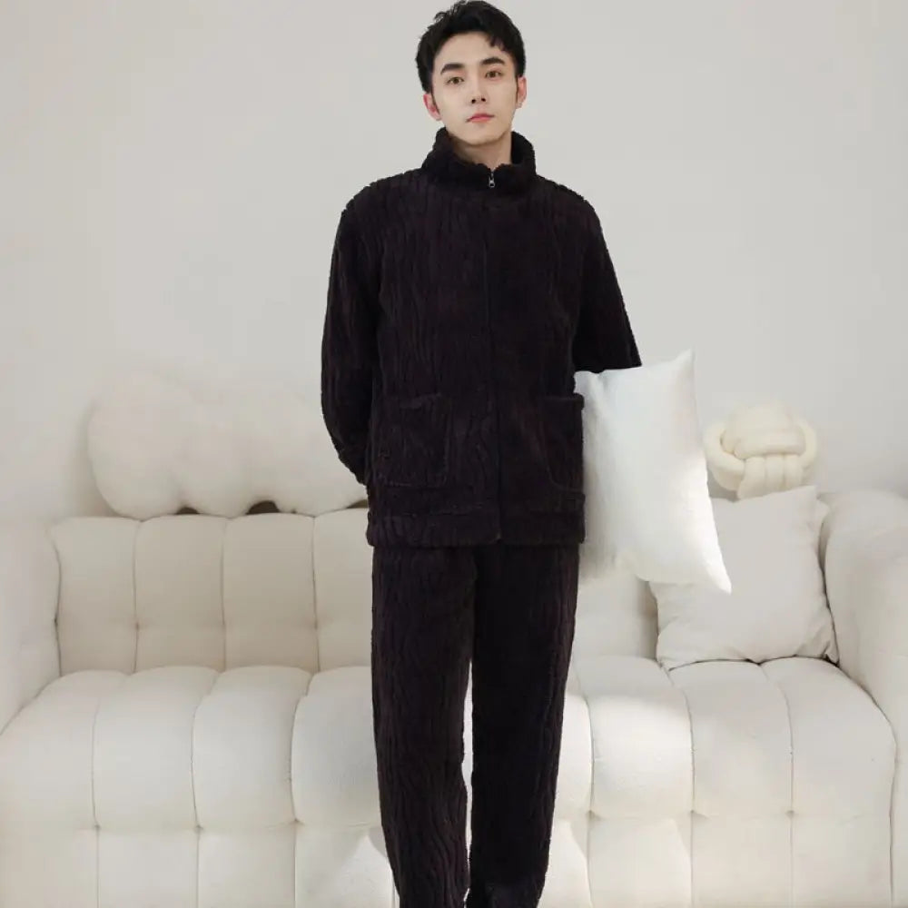 カップル用 パジャマ 冬用 サンゴフリース 男女兼用 カジュアル 大きいサイズ ルームウェア ボア 厚手 フランネル ルームセット ID2342 男性 ブラック / メンズL