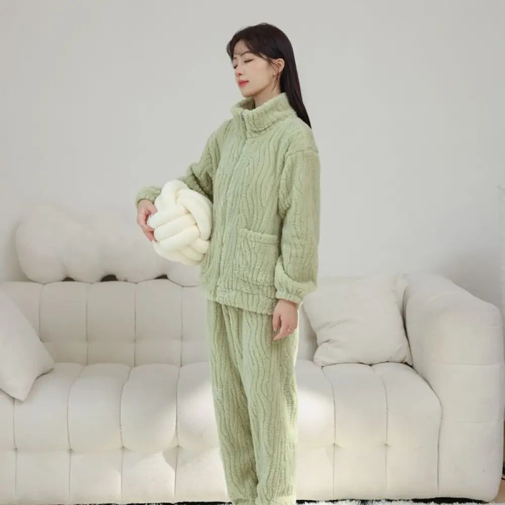 カップル用 パジャマ 冬用 サンゴフリース 男女兼用 カジュアル 大きいサイズ ルームウェア ボア 厚手 フランネル ルームセット ID2342 女性 グリーン / レディースM