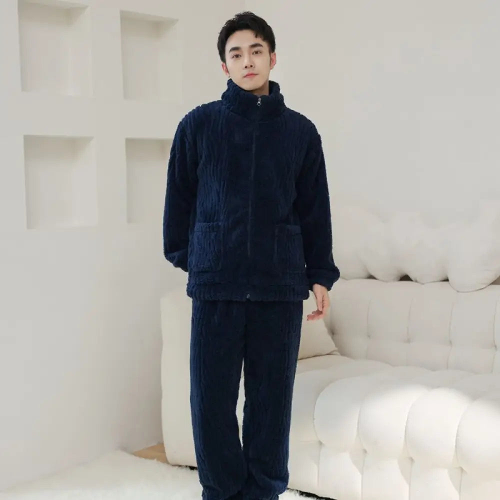 カップル用 パジャマ 冬用 サンゴフリース 男女兼用 カジュアル 大きいサイズ ルームウェア ボア 厚手 フランネル ルームセット ID2342 男性 ネイビー / メンズL