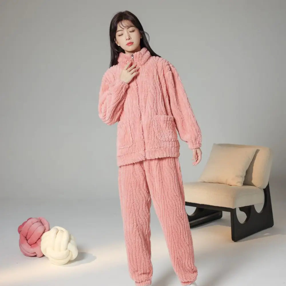 カップル用 パジャマ 冬用 サンゴフリース 男女兼用 カジュアル 大きいサイズ ルームウェア ボア 厚手 フランネル ルームセット ID2342 女性 ピンク / レディースM