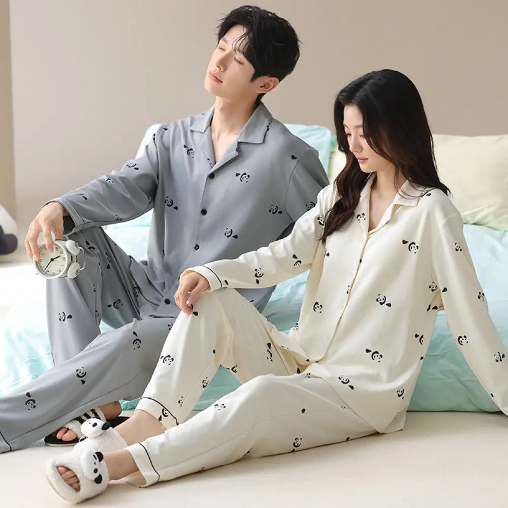 カップル用 パンダ柄 綿 ルームウェアセット 長袖カーディガン パンツ ノンワイヤー補整 トップ付き 夏用 ID1921