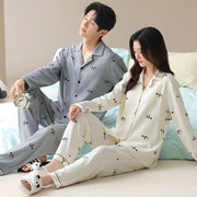 カップル用 パンダ柄 綿 ルームウェアセット 長袖カーディガン パンツ ノンワイヤー補整 トップ付き 夏用 ID1921