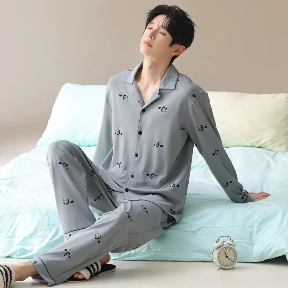 カップル用 パンダ柄 綿 ルームウェアセット 長袖カーディガン パンツ ノンワイヤー補整 トップ付き 夏用 ID1921 男性グレー / メンズL カップル>セットアップ