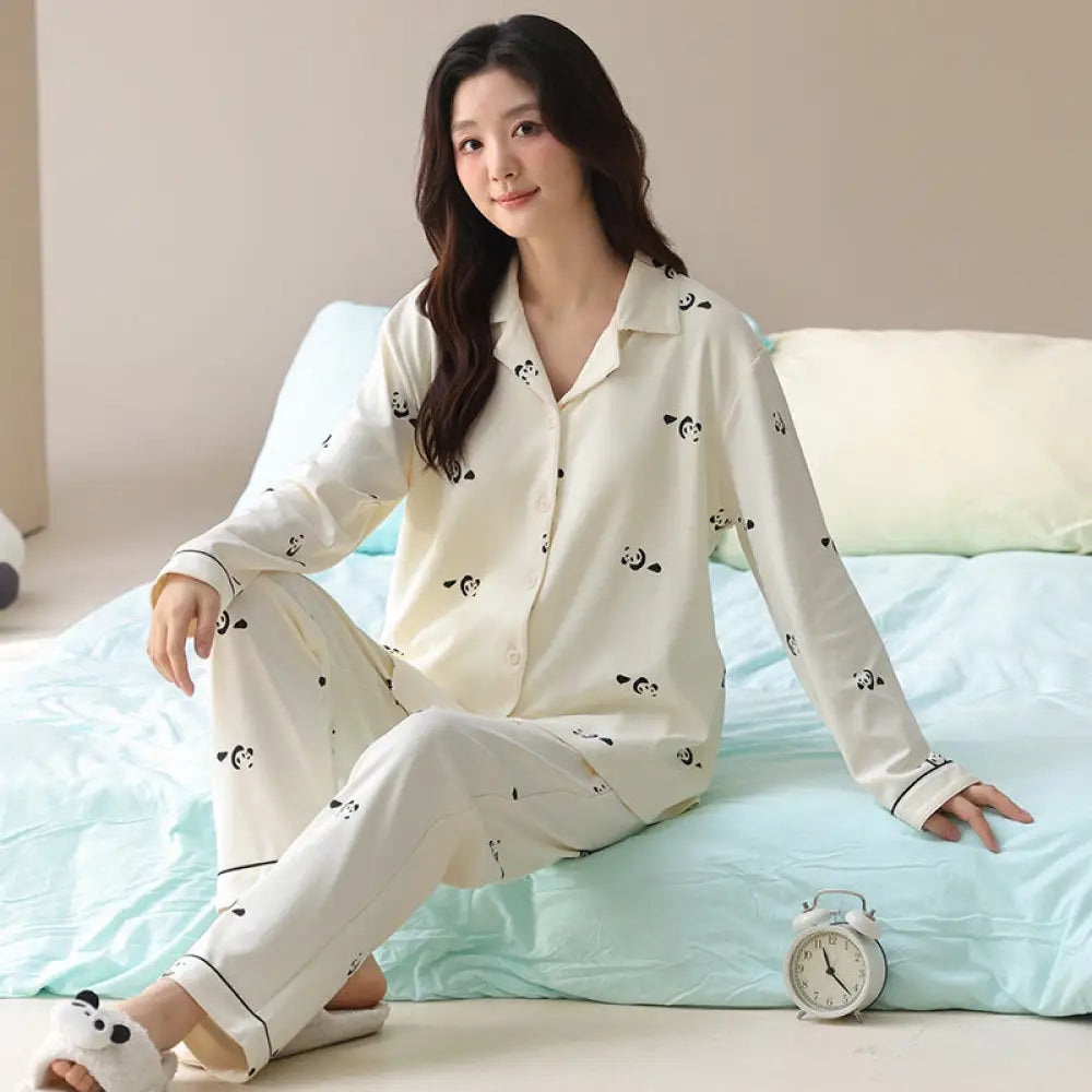 カップル用 パンダ柄 綿 ルームウェアセット 長袖カーディガン パンツ ノンワイヤー補整 トップ付き 夏用 ID1921 女性ホワイト / レディースＭ カップル>セットアップ