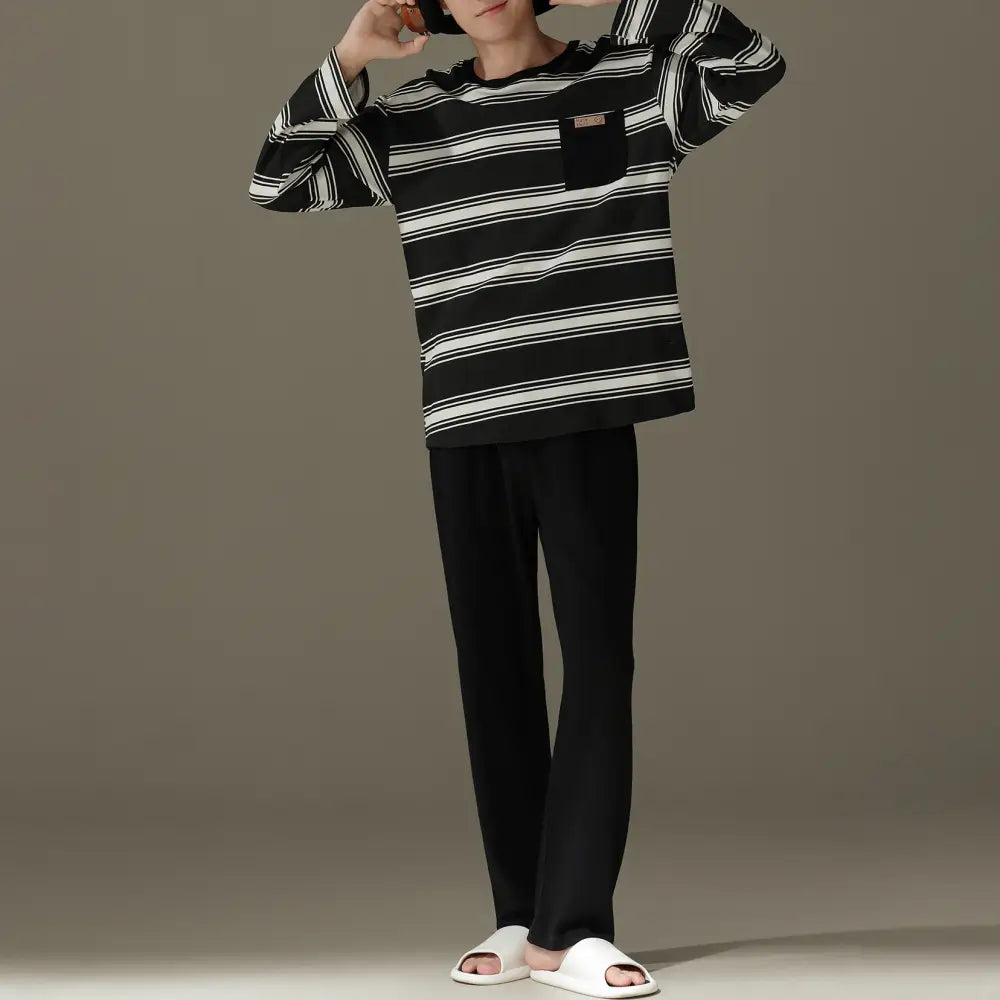 男性用 パジャマ 春秋用 シンプルな ストライプ 長袖 長ズボン 青少年 カジュアル 外出可能 冬用 大きいサイズの ホームウェア ID2244