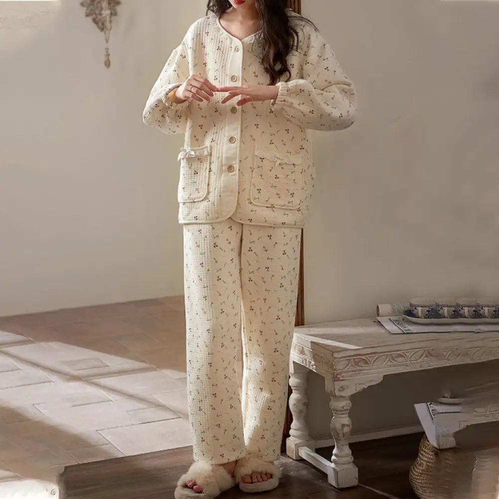 パジャマ 冬 ルームウェア スイート かわいい レース 花柄 切り替え フルーツ 部屋着 寝巻き ラウンドネック 写真通り / M レディース＞セットアップ