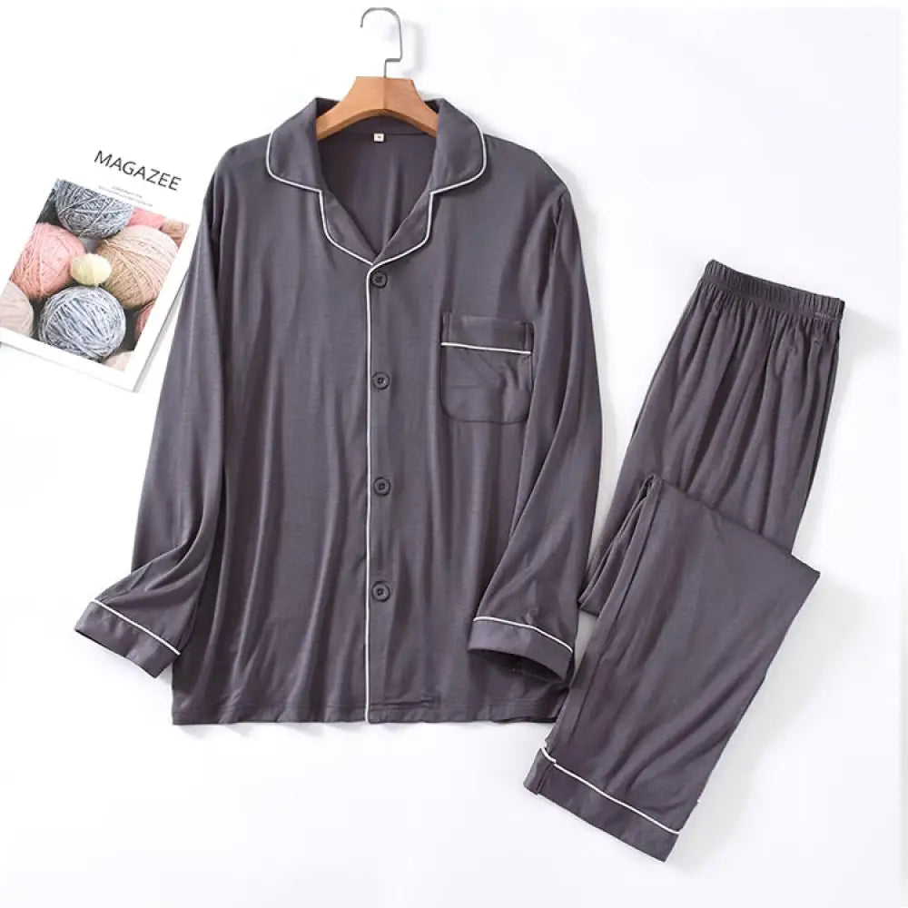 パジャマ メンズ 長袖 前開き ルームウェア パウダーストレッチ 無地 ストライプ テーラー襟 テーラード 父の日 プレゼント 紳士 旦那 グレー / M メンズ＞セットアップ