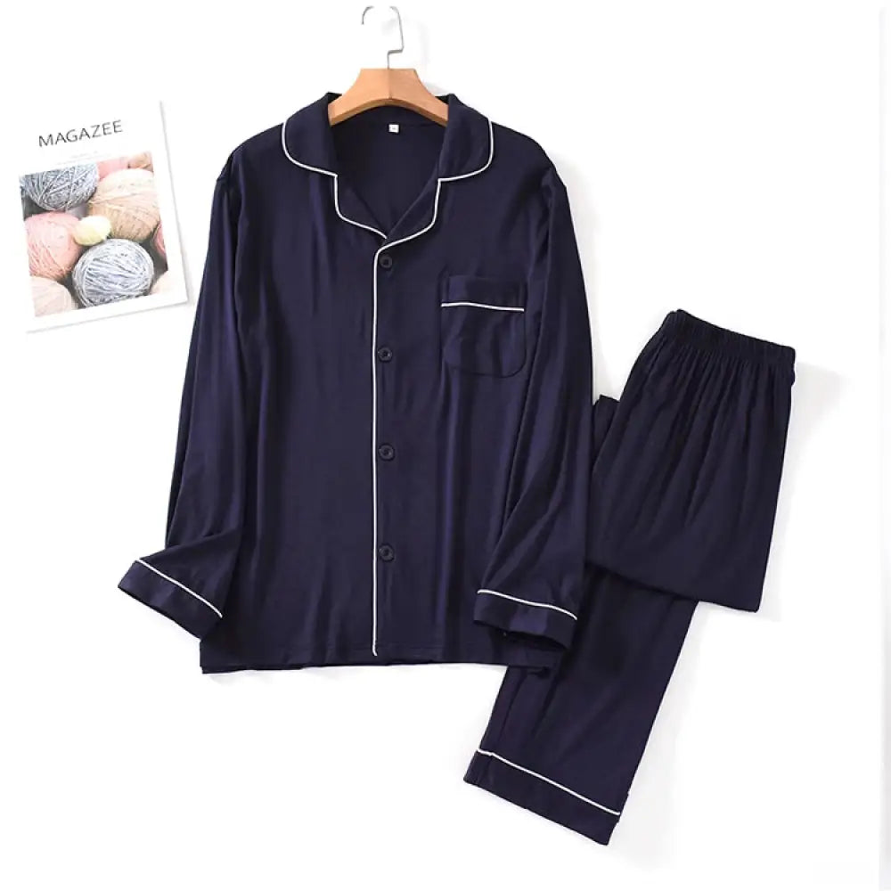 パジャマ メンズ 長袖 前開き ルームウェア パウダーストレッチ 無地 ストライプ テーラー襟 テーラード 父の日 プレゼント 紳士 旦那 ネイビー / M メンズ＞セットアップ