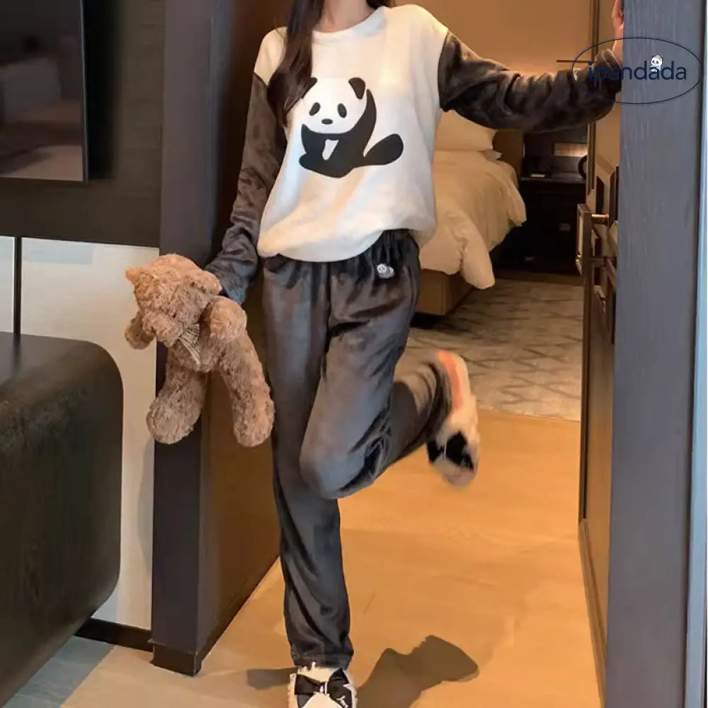 パンダ柄 あったかパジャマ 男女ペア 寝巻き 部屋着 レディース メンズ ルームウェア 丸首 ロングパンツ ゆったり 二点セット もこふわ 肌に優しい プルオーバー カップル＞セットアップ