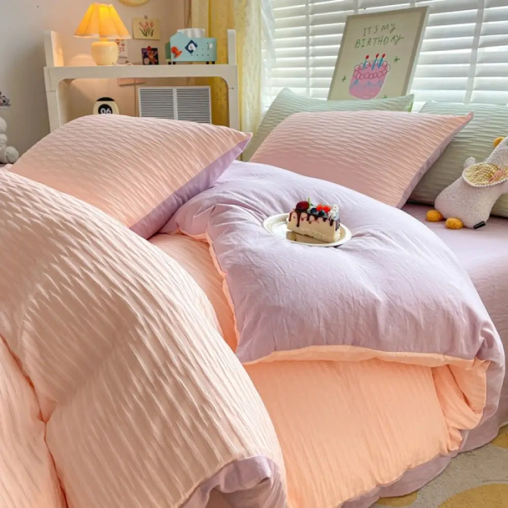 ID929 泡泡ガーゼ 水洗いコットン 綿100% 無地 シンプル 布団カバーセット 四点セット 三点セット 掛け布団カバー ベッドシーツ ボックスシーツ ピローケース シングル セミダブル ダブル クイーン おしゃれ 韓国風 寮用