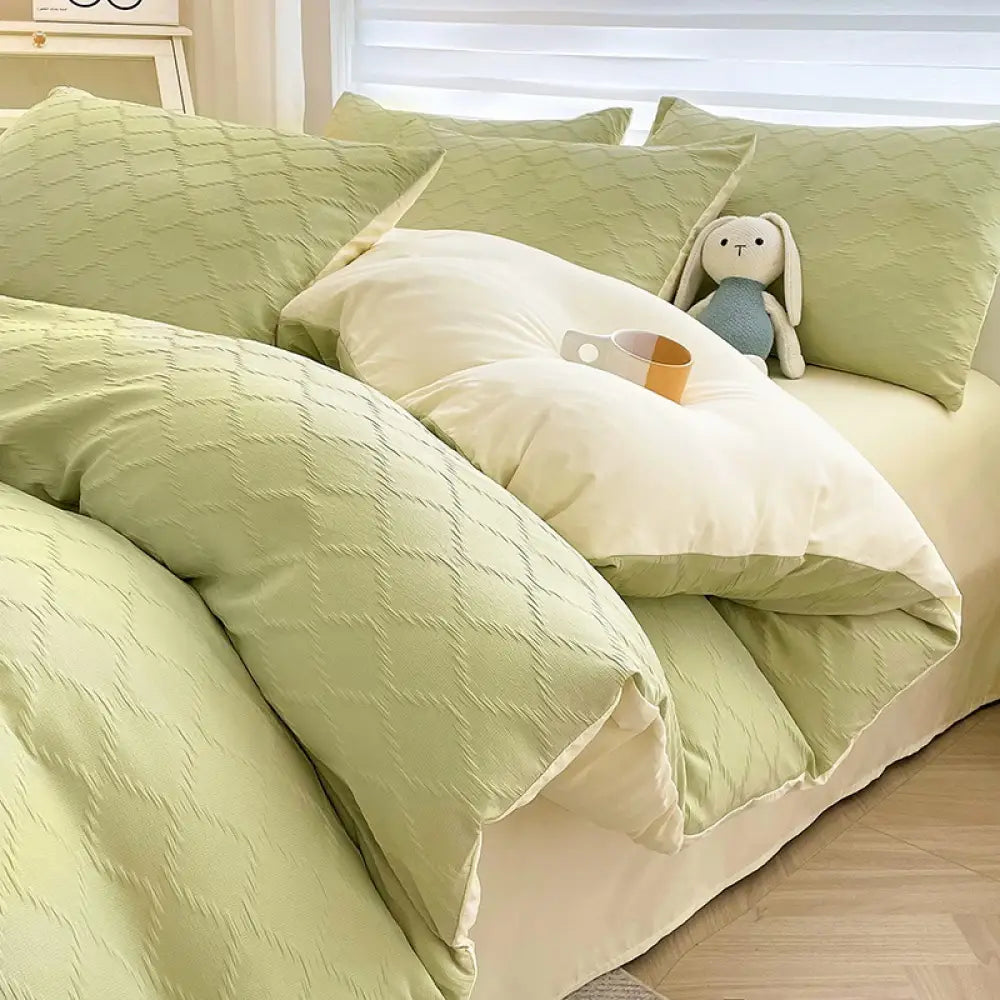 ID929 泡泡ガーゼ 水洗いコットン 綿100% 無地 シンプル 布団カバーセット 四点セット 三点セット 掛け布団カバー ベッドシーツ ボックスシーツ ピローケース シングル セミダブル ダブル クイーン おしゃれ 韓国風 寮用