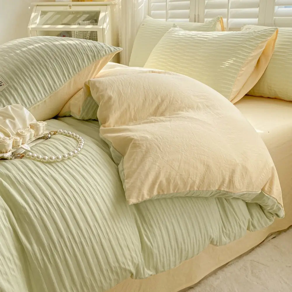 ID929 泡泡ガーゼ 水洗いコットン 綿100% 無地 シンプル 布団カバーセット 四点セット 三点セット 掛け布団カバー ベッドシーツ ボックスシーツ ピローケース シングル セミダブル ダブル クイーン おしゃれ 韓国風 寮用