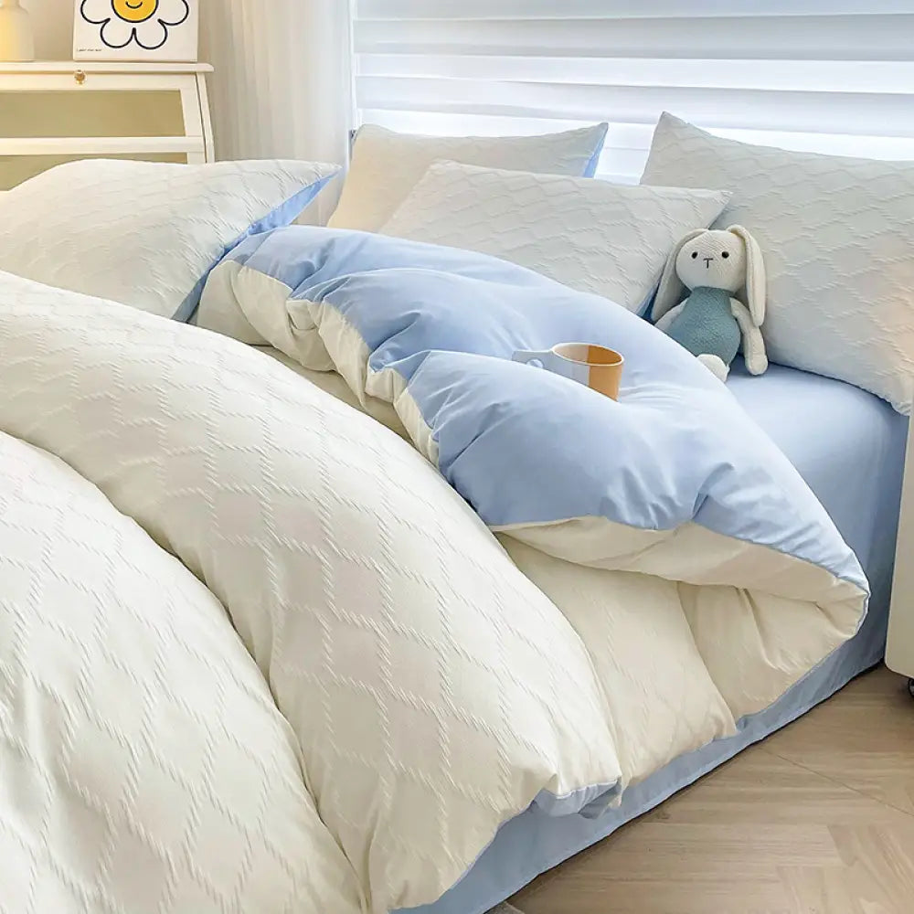 ID929 泡泡ガーゼ 水洗いコットン 綿100% 無地 シンプル 布団カバーセット 四点セット 三点セット 掛け布団カバー ベッドシーツ ボックスシーツ ピローケース シングル セミダブル ダブル クイーン おしゃれ 韓国風 寮用