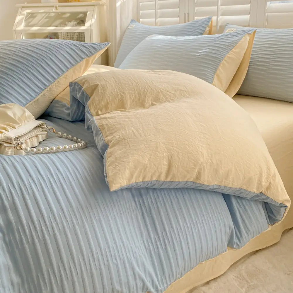 ID929 泡泡ガーゼ 水洗いコットン 綿100% 無地 シンプル 布団カバーセット 四点セット 三点セット 掛け布団カバー ベッドシーツ ボックスシーツ ピローケース シングル セミダブル ダブル クイーン おしゃれ 韓国風 寮用