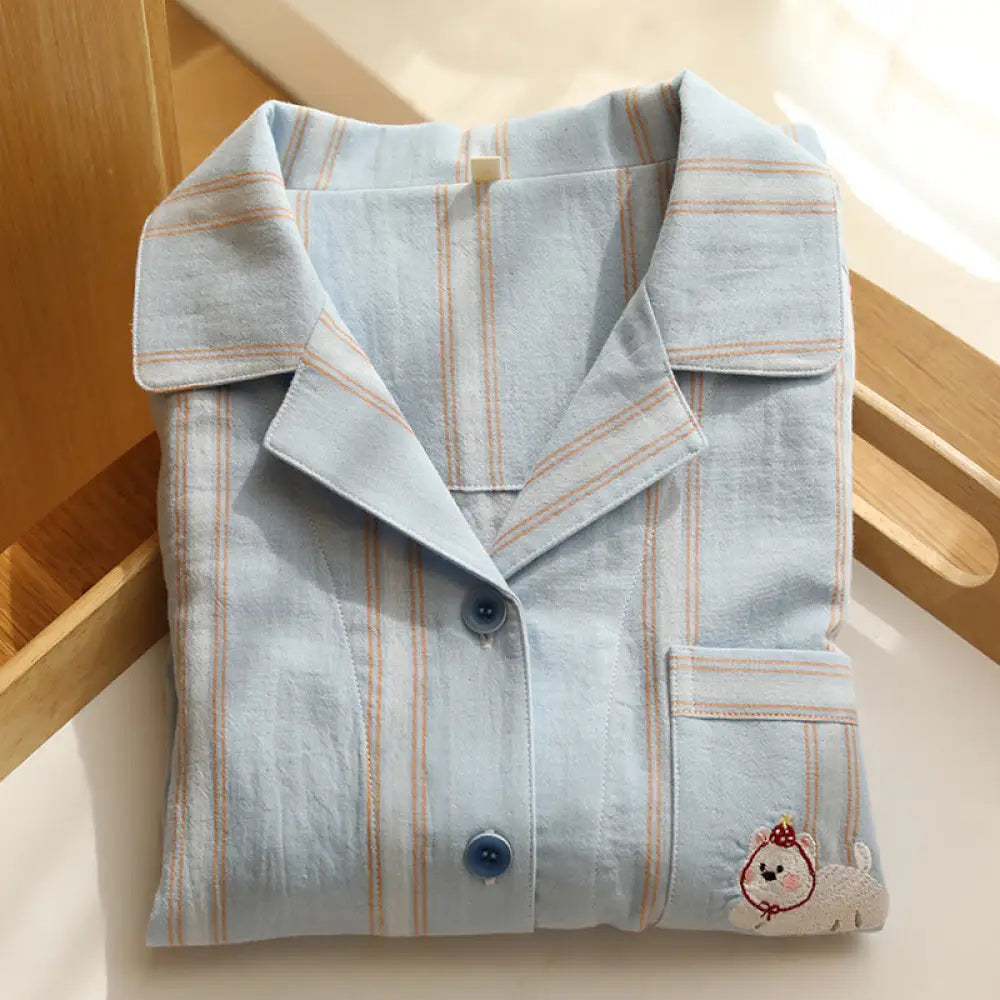 秋の新作 カップルパジャマ 長袖 長ズボン 高級感 綿 コットンガーゼ シンプル カジュアル 家庭用 セットアップ ID2196 女性 ブルー / M カップル>セットアップ