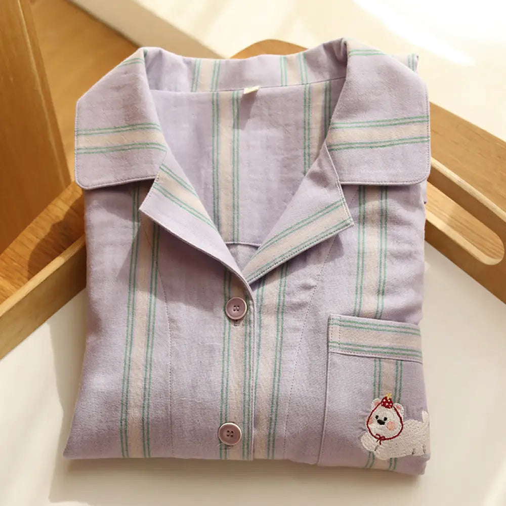 秋の新作 カップルパジャマ 長袖 長ズボン 高級感 綿 コットンガーゼ シンプル カジュアル 家庭用 セットアップ ID2196 女性 パープル / M カップル>セットアップ