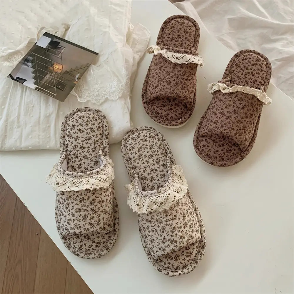 レトロ フラワープリント ワンストラップ コットン スリッパ 女性 四季用 室内 滑り止め 韓国風 レース縁 コットンリネン スリッパ ID2101