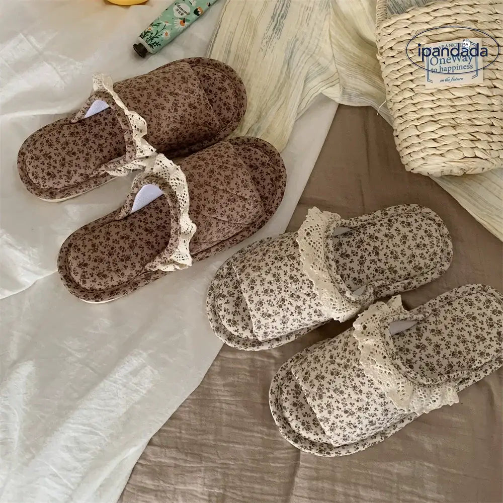 レトロ フラワープリント ワンストラップ コットン スリッパ 女性 四季用 室内 滑り止め 韓国風 レース縁 コットンリネン スリッパ ID2101
