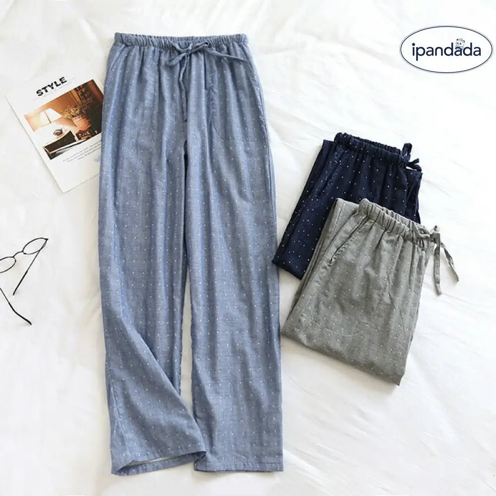 ID1719 ルームパンツ ルームウェア 春 夏 秋 冬 メンズ レディース リラックスパンツ 長パンツ ナイトウェア ダブルガーゼ 2重ガーゼ 長パン ロング丈 ボトムス ズボン パジャマ 綿 寝巻き 部屋着 ウエストゴム 女性用 カジュアル ひも付き ピンク グレー ネイビー ブルー M/L/XL