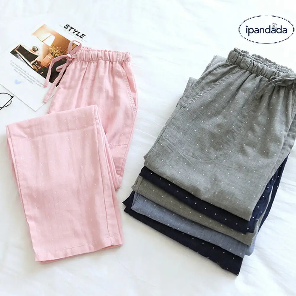 ID1719 ルームパンツ ルームウェア 春 夏 秋 冬 メンズ レディース リラックスパンツ 長パンツ ナイトウェア ダブルガーゼ 2重ガーゼ 長パン ロング丈 ボトムス ズボン パジャマ 綿 寝巻き 部屋着 ウエストゴム 女性用 カジュアル ひも付き ピンク グレー ネイビー ブルー M/L/XL