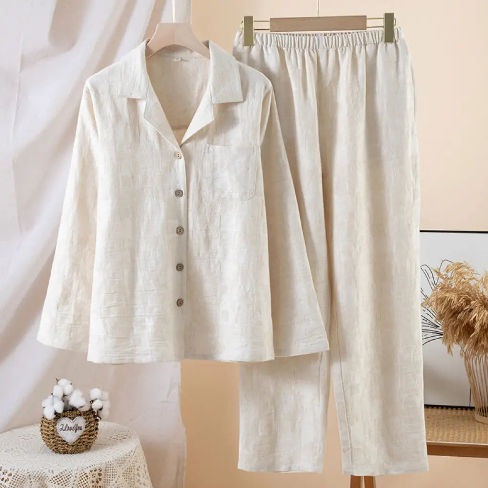 シンプル 無地 リネン パジャマ カップル用 春・夏用 薄手 メンズ＆レディース カップル ルームウェアセット 外出着用可 長袖 ID1933 写真通り / レディースＭ カップル>セットアップ