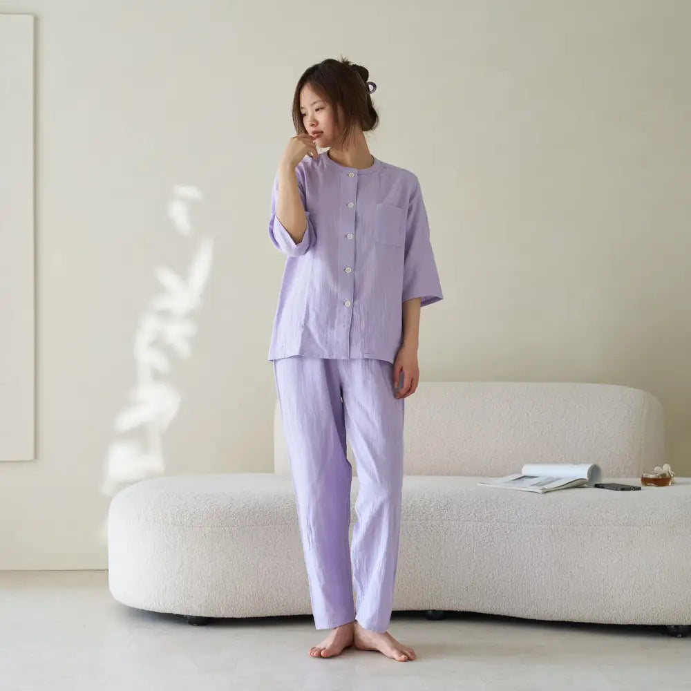 オールコットン 無印 ダブルガーゼ ルームウェア パジャマ Aランク 夏用 良品 綿 男女兼用 カジュアル ラウンドネック 半袖 ID1805 女性 タイプ⑤ / M セットアップ>セットアップ