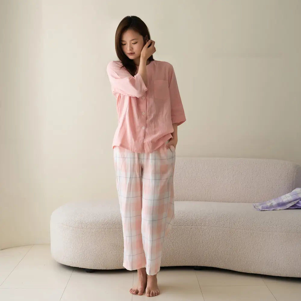 オールコットン 無印 ダブルガーゼ ルームウェア パジャマ Aランク 夏用 良品 綿 男女兼用 カジュアル ラウンドネック 半袖 ID1805 女性 タイプ③ / M セットアップ>セットアップ