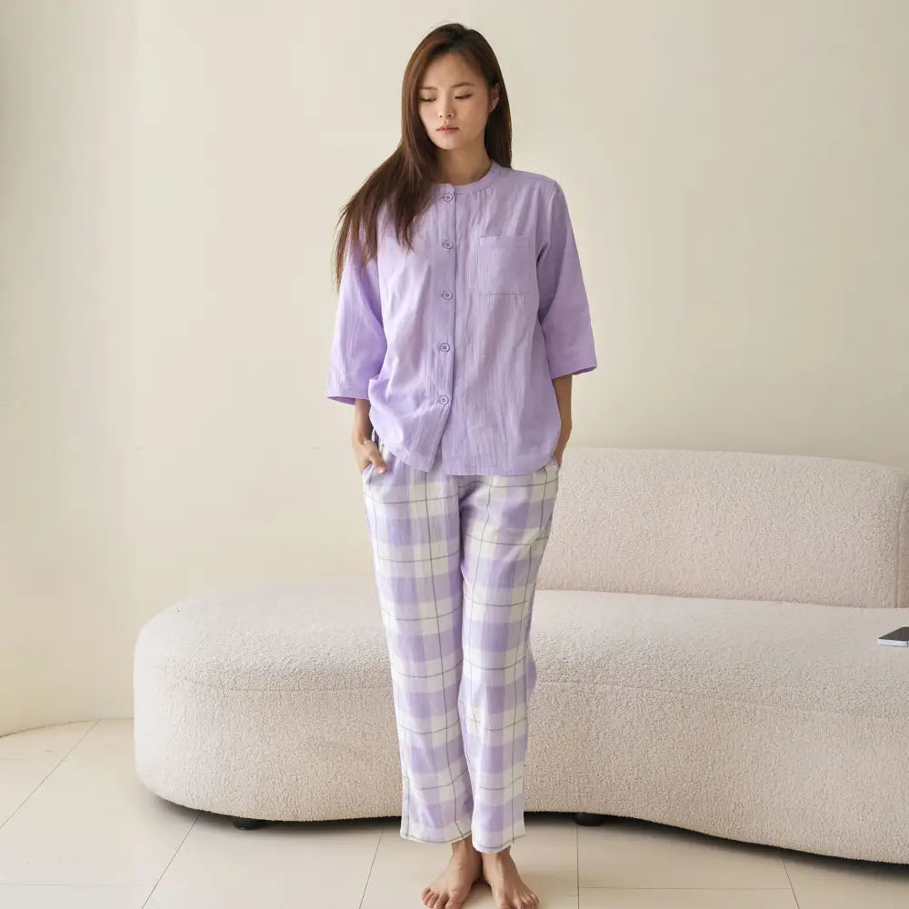 オールコットン 無印 ダブルガーゼ ルームウェア パジャマ Aランク 夏用 良品 綿 男女兼用 カジュアル ラウンドネック 半袖 ID1805 女性 タイプ④ / M セットアップ>セットアップ