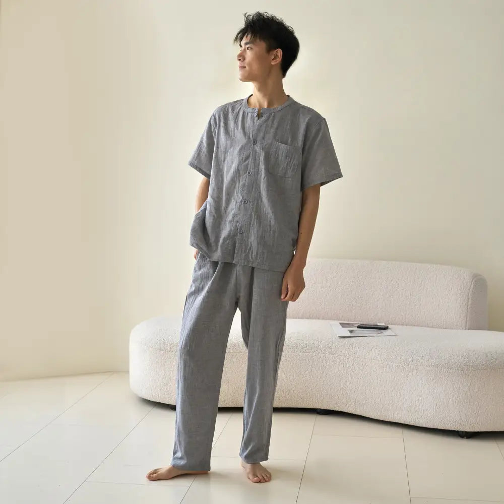 オールコットン 無印 ダブルガーゼ ルームウェア パジャマ Aランク 夏用 良品 綿 男女兼用 カジュアル ラウンドネック 半袖 ID1805 男性 タイプ② / M セットアップ>セットアップ