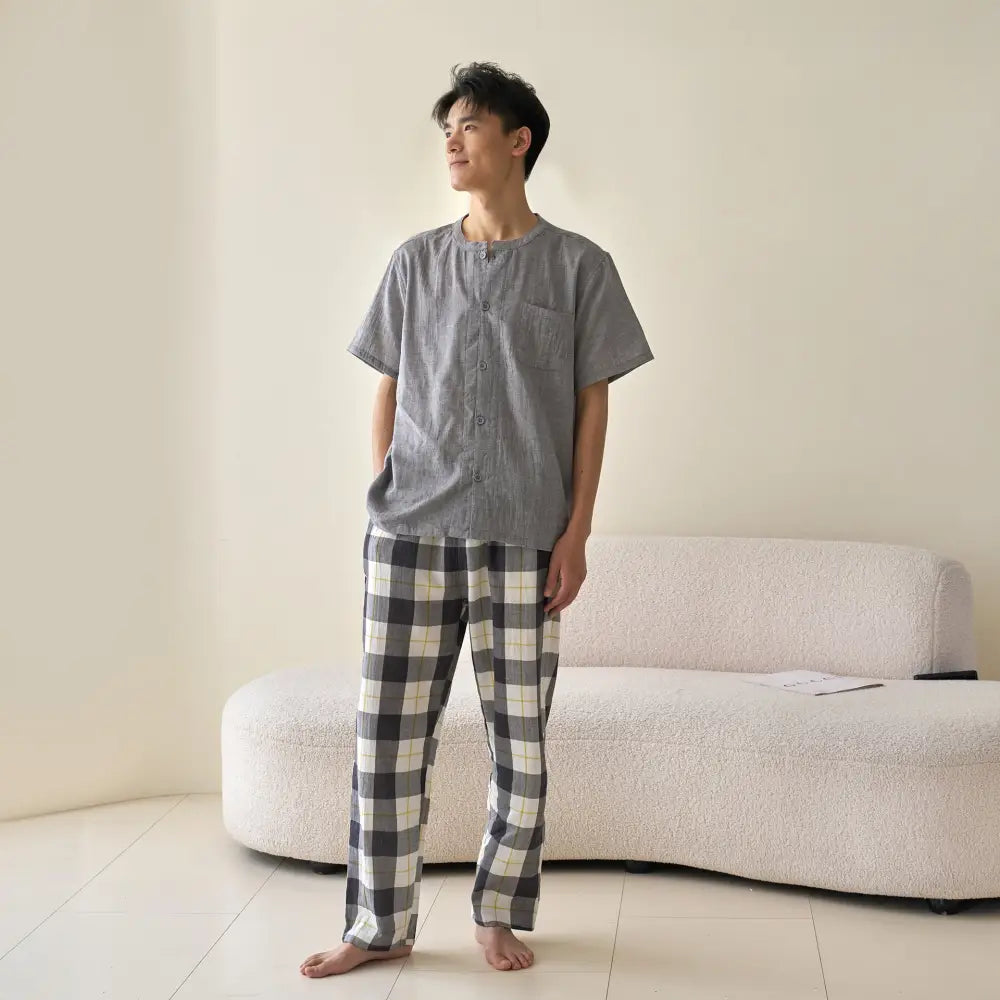 オールコットン 無印 ダブルガーゼ ルームウェア パジャマ Aランク 夏用 良品 綿 男女兼用 カジュアル ラウンドネック 半袖 ID1805 男性 タイプ① / M セットアップ>セットアップ