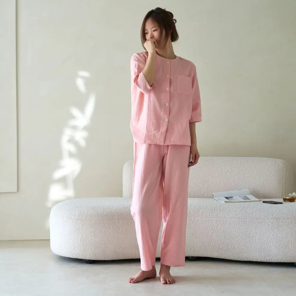 オールコットン 無印 ダブルガーゼ ルームウェア パジャマ Aランク 夏用 良品 綿 男女兼用 カジュアル ラウンドネック 半袖 ID1805 女性 タイプ② / M セットアップ>セットアップ