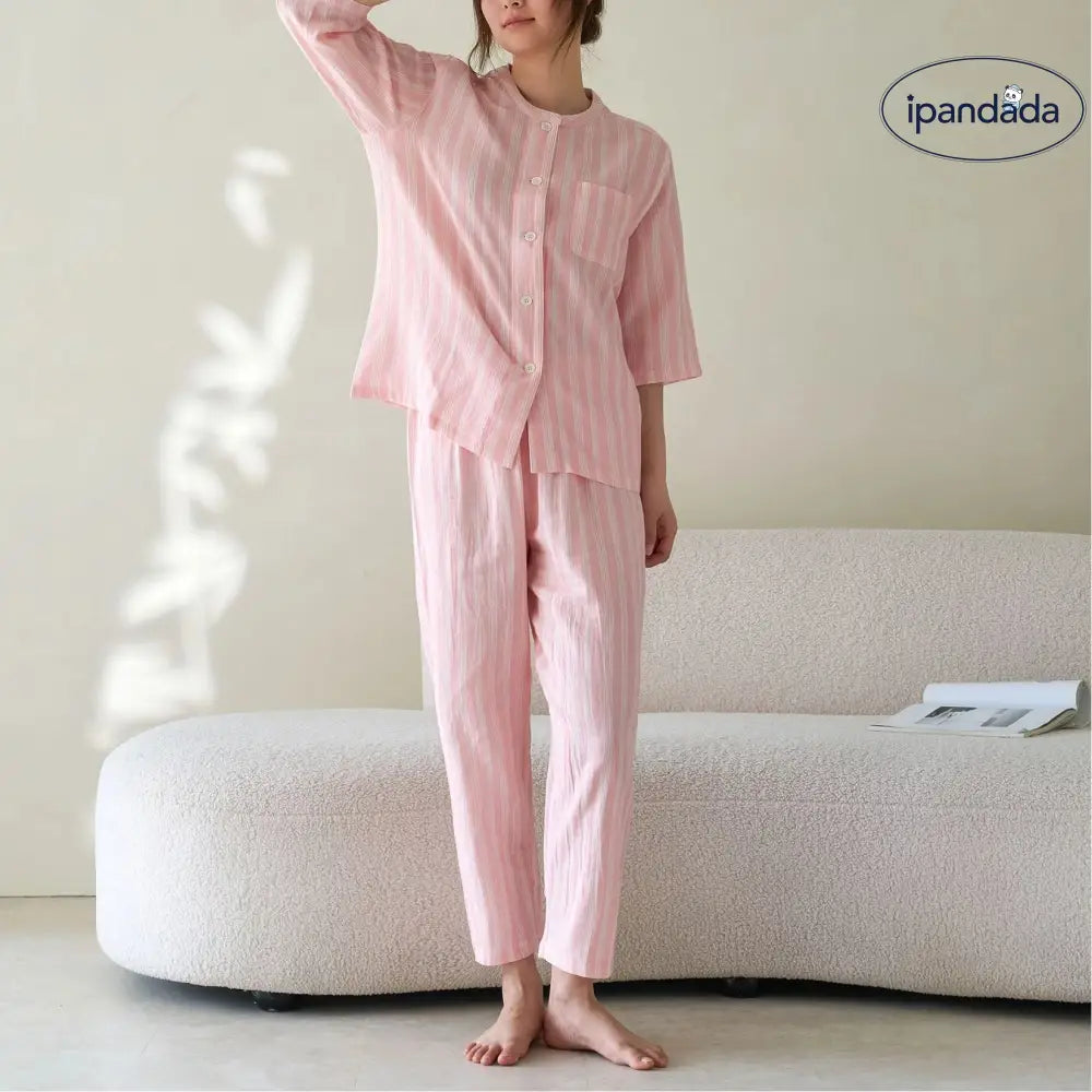 オールコットン 無印 ダブルガーゼ ルームウェア  パジャマ Aランク 夏用 良品 綿 男女兼用 カジュアル ラウンドネック 半袖 ID1805