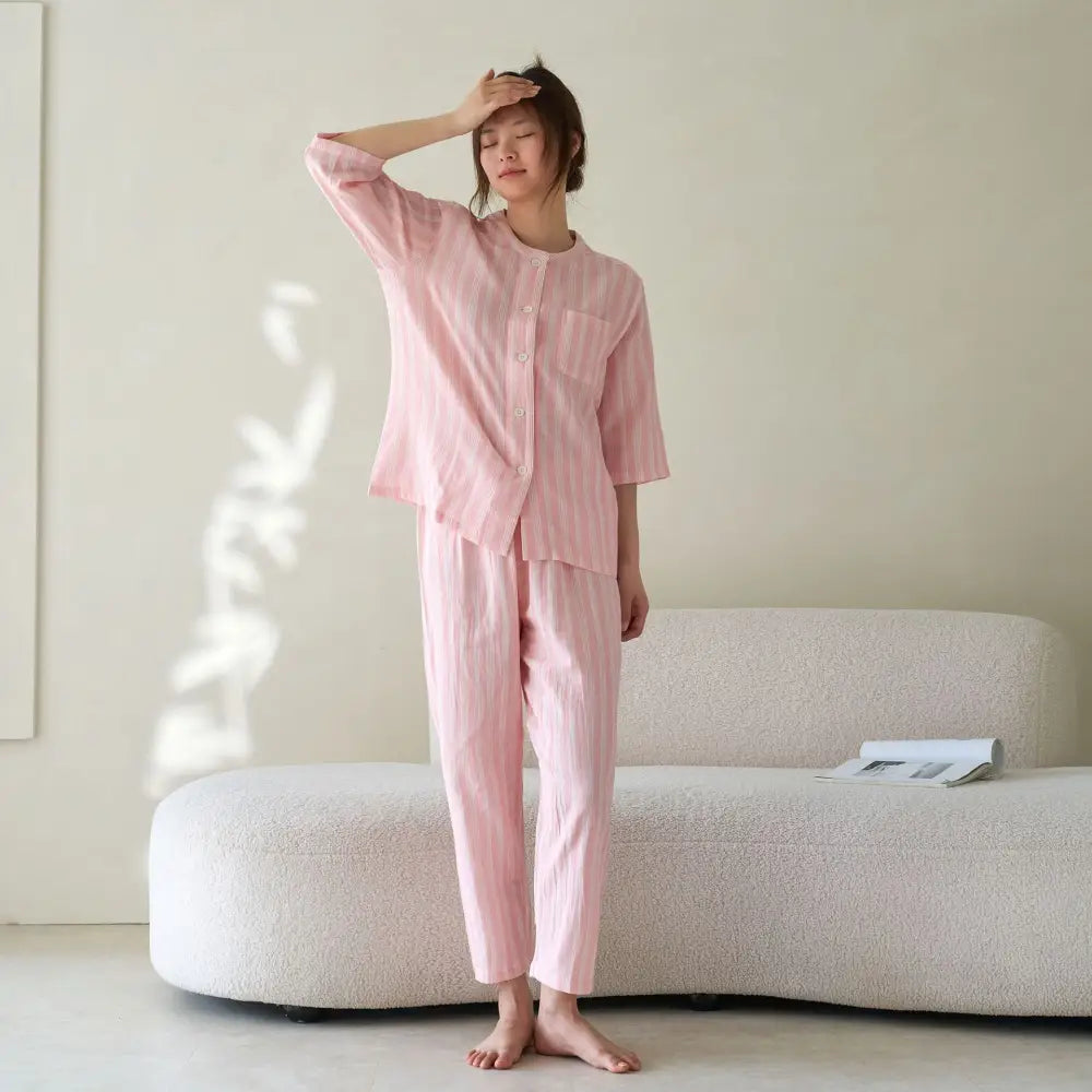 オールコットン 無印 ダブルガーゼ ルームウェア パジャマ Aランク 夏用 良品 綿 男女兼用 カジュアル ラウンドネック 半袖 ID1805 女性 タイプ① / M セットアップ>セットアップ