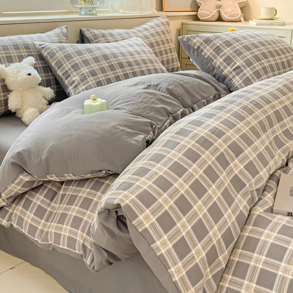 水洗い 綿 ベッドシーツセット（4点セット）ストライプ＆チェック柄 洗濯縮みなし 寝室用 シンプルルームウェア ID1913