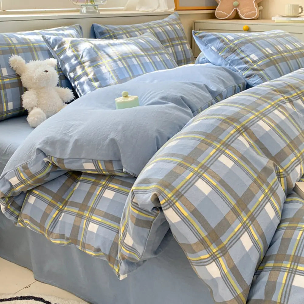 水洗い 綿 ベッドシーツセット（4点セット）ストライプ＆チェック柄 洗濯縮みなし 寝室用 シンプルルームウェア ID1913
