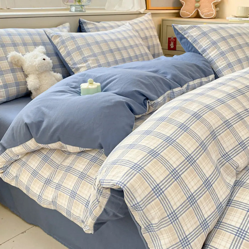 水洗い 綿 ベッドシーツセット（4点セット）ストライプ＆チェック柄 洗濯縮みなし 寝室用 シンプルルームウェア ID1913